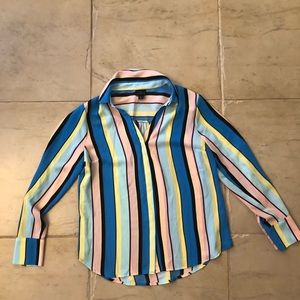 Ladies Covered Button Down Blouse Stipe Multi Color 100% polyester Size M